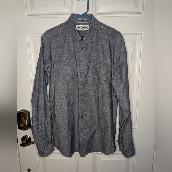 Express Button Down Shirt Men's Large Fitted Gray Blue Long Sleeve Cotton NWT - Picture 2 of 7